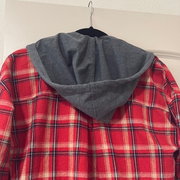 Love Tree Red Plaid removable Hood long cardigan shirt with pockets M - Picture 7 of 11